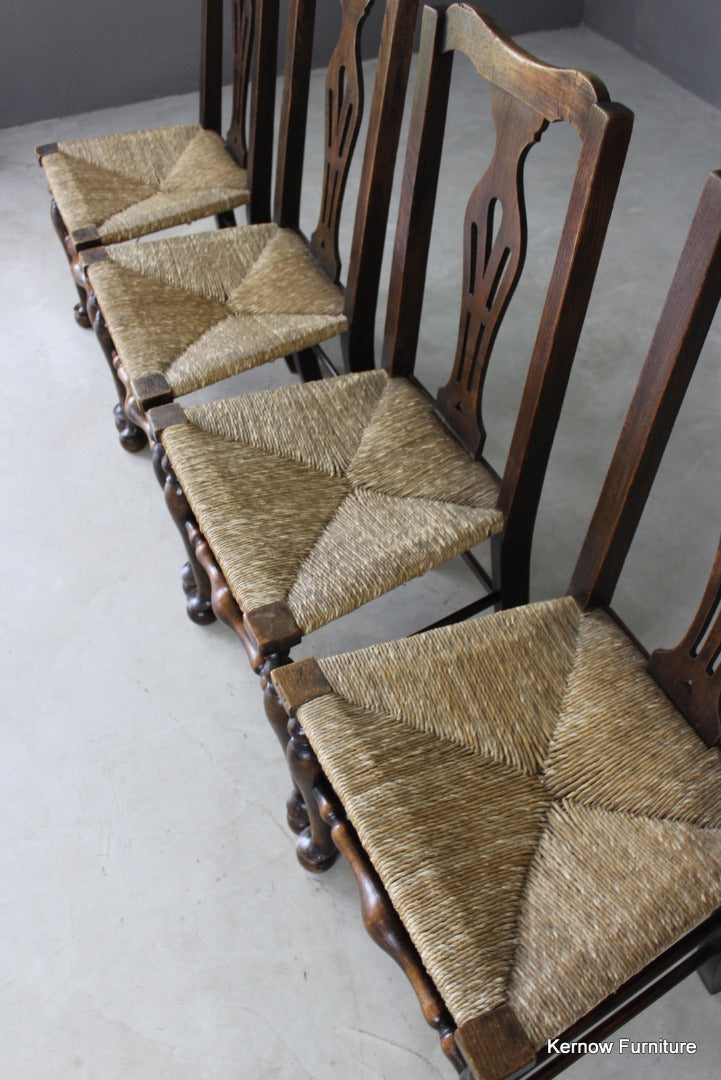 Set 4 Antqiue Elm & Oak Rush Dining Chairs - Kernow Furniture