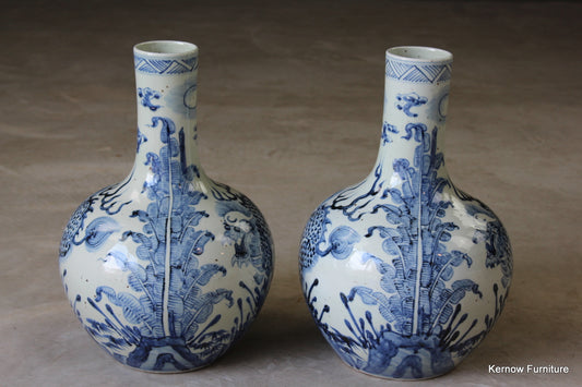 Pair Antique Chinese Blue & White Bottle Vases - Kernow Furniture
