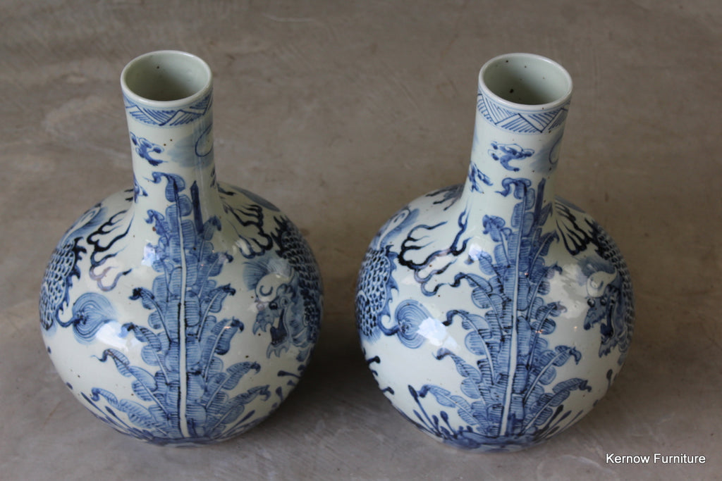 Pair Antique Chinese Blue & White Bottle Vases - Kernow Furniture