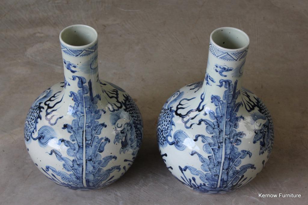 Pair Antique Chinese Blue & White Bottle Vases - Kernow Furniture