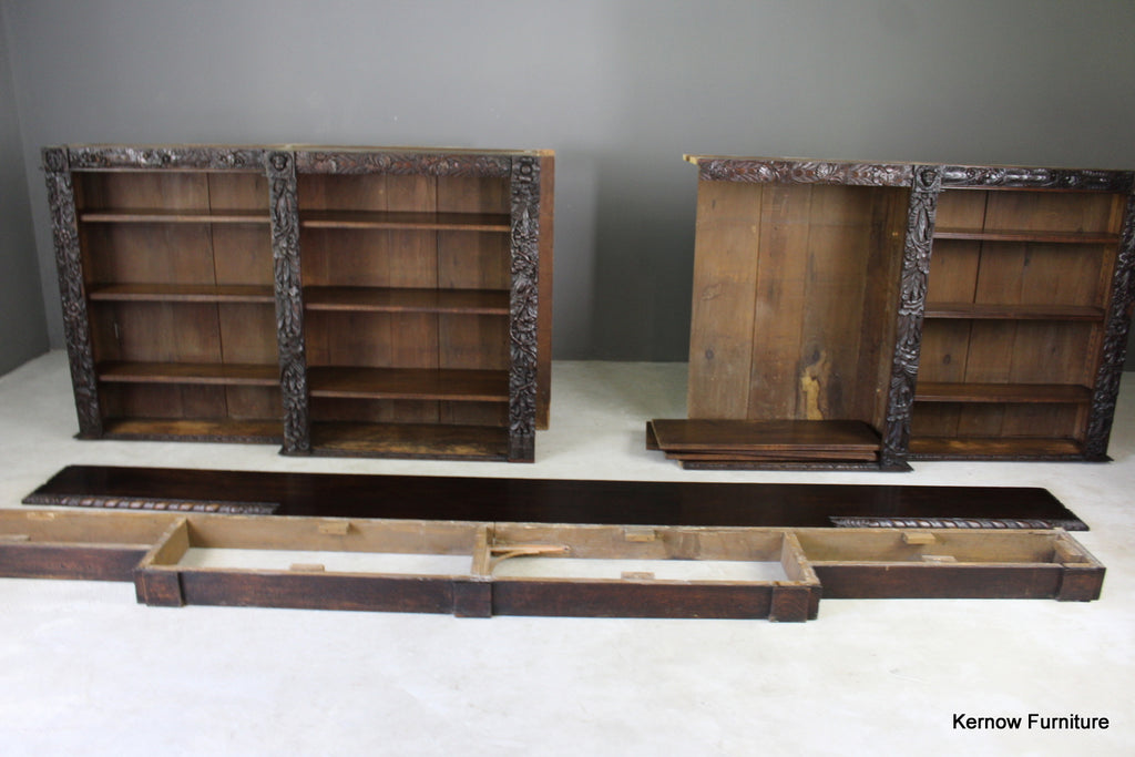 12ft Victorian Carved Oak Bookcase - Kernow Furniture
