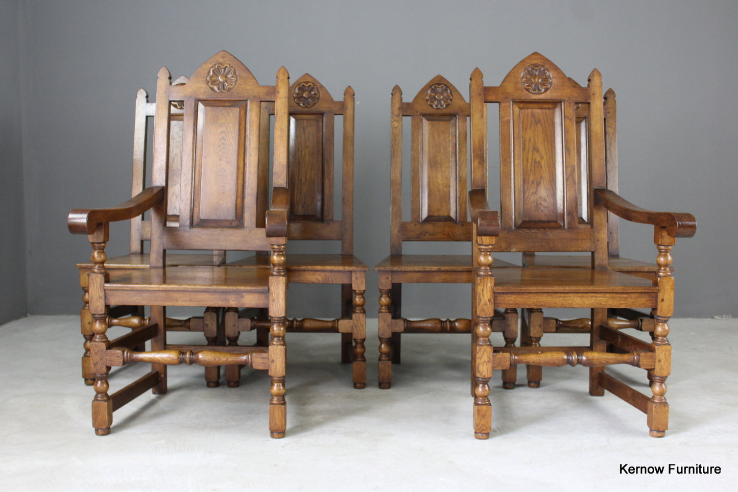 Set 6 Oak Gothic Style Dining Chairs - Kernow Furniture