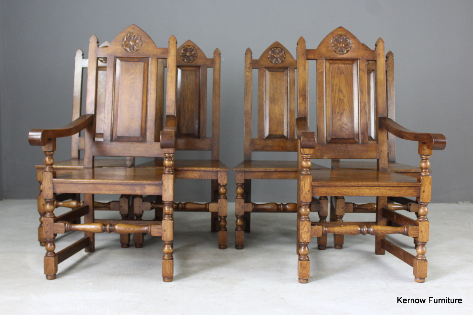 Set 6 Oak Gothic Style Dining Chairs - Kernow Furniture