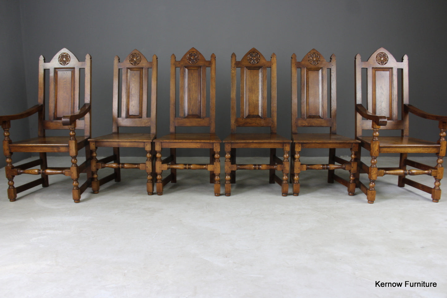 Set 6 Oak Gothic Style Dining Chairs - Kernow Furniture