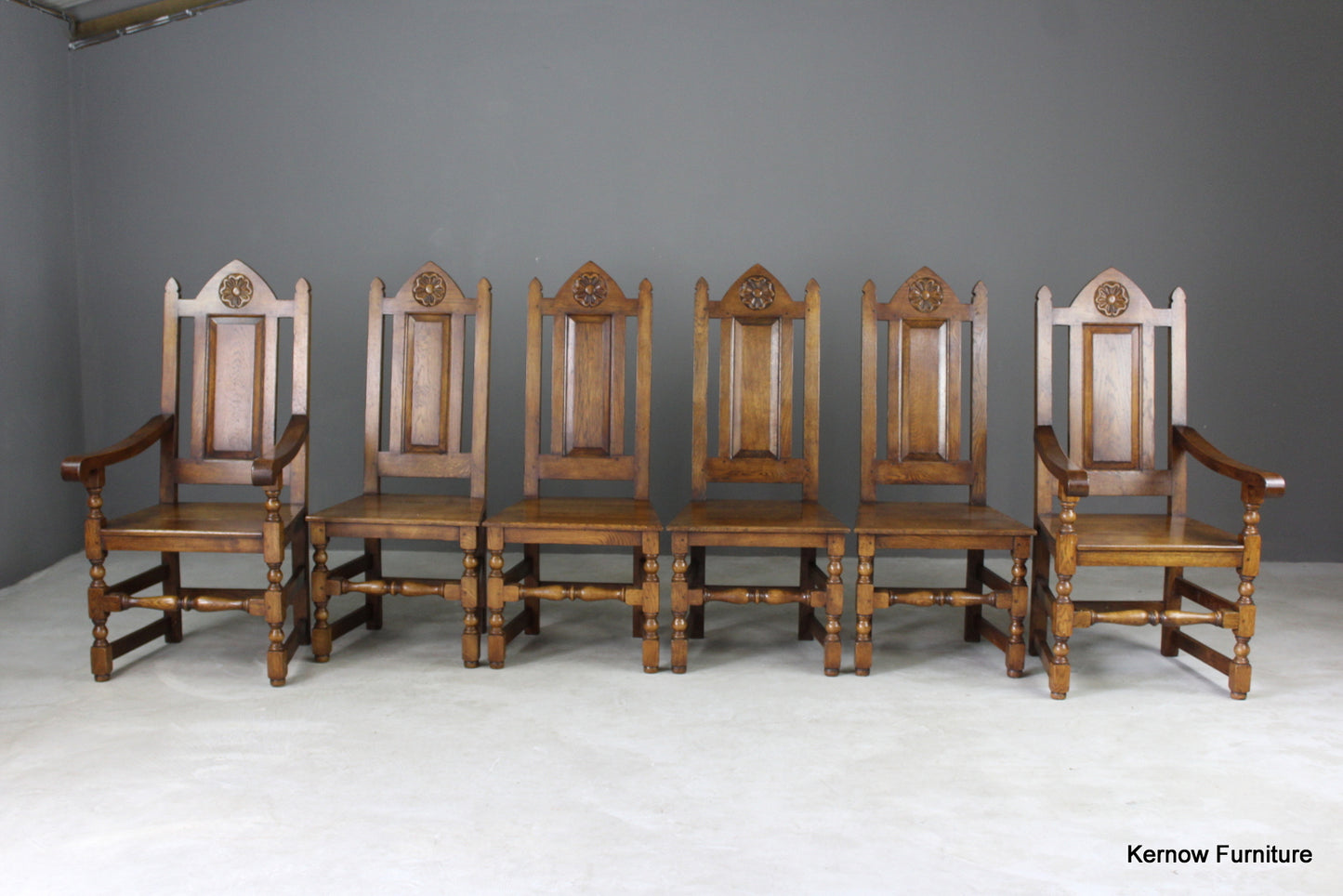 Set 6 Oak Gothic Style Dining Chairs - Kernow Furniture