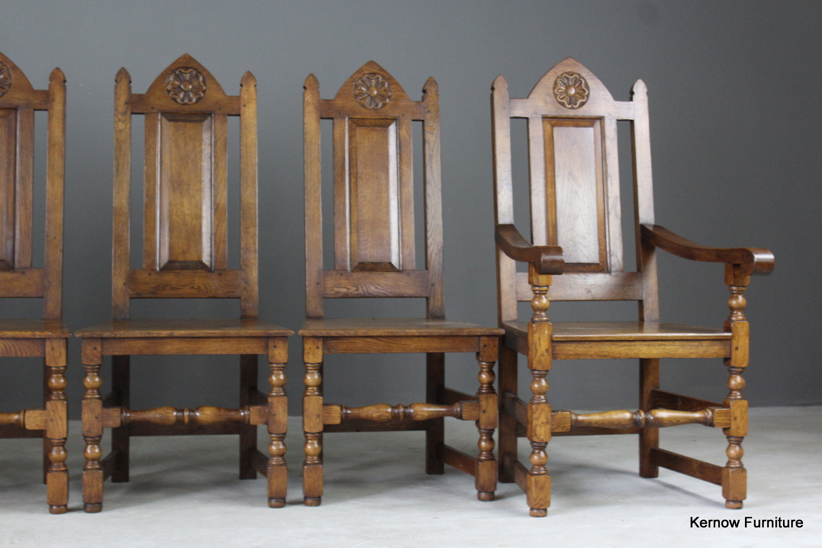 Set 6 Oak Gothic Style Dining Chairs - Kernow Furniture