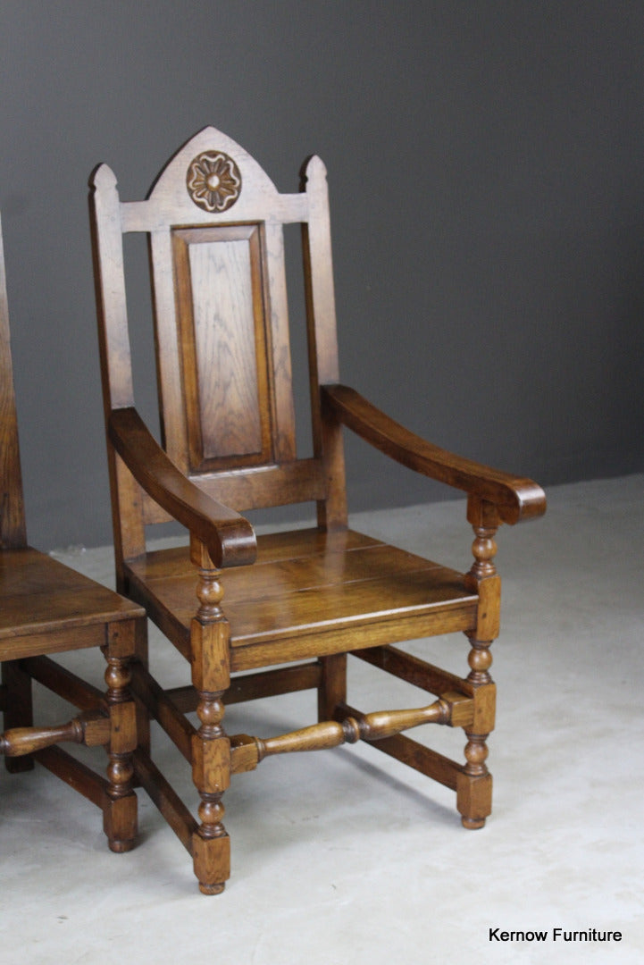 Set 6 Oak Gothic Style Dining Chairs - Kernow Furniture