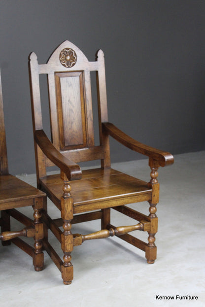 Set 6 Oak Gothic Style Dining Chairs - Kernow Furniture