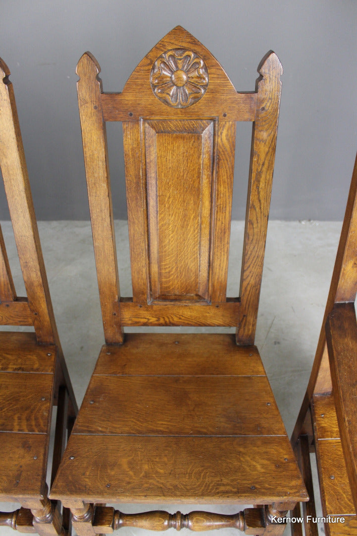 Set 6 Oak Gothic Style Dining Chairs - Kernow Furniture