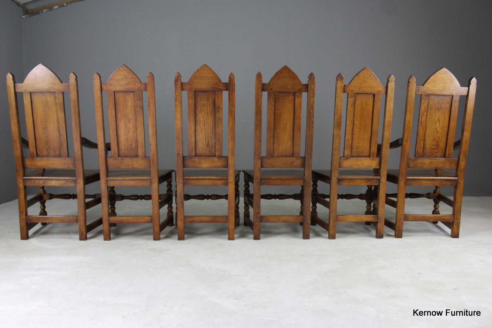 Set 6 Oak Gothic Style Dining Chairs - Kernow Furniture