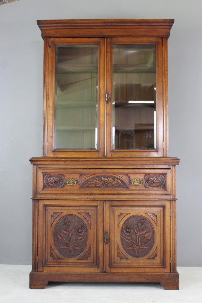 Victorian Carved Walnut Secretaire Bookcase - Kernow Furniture