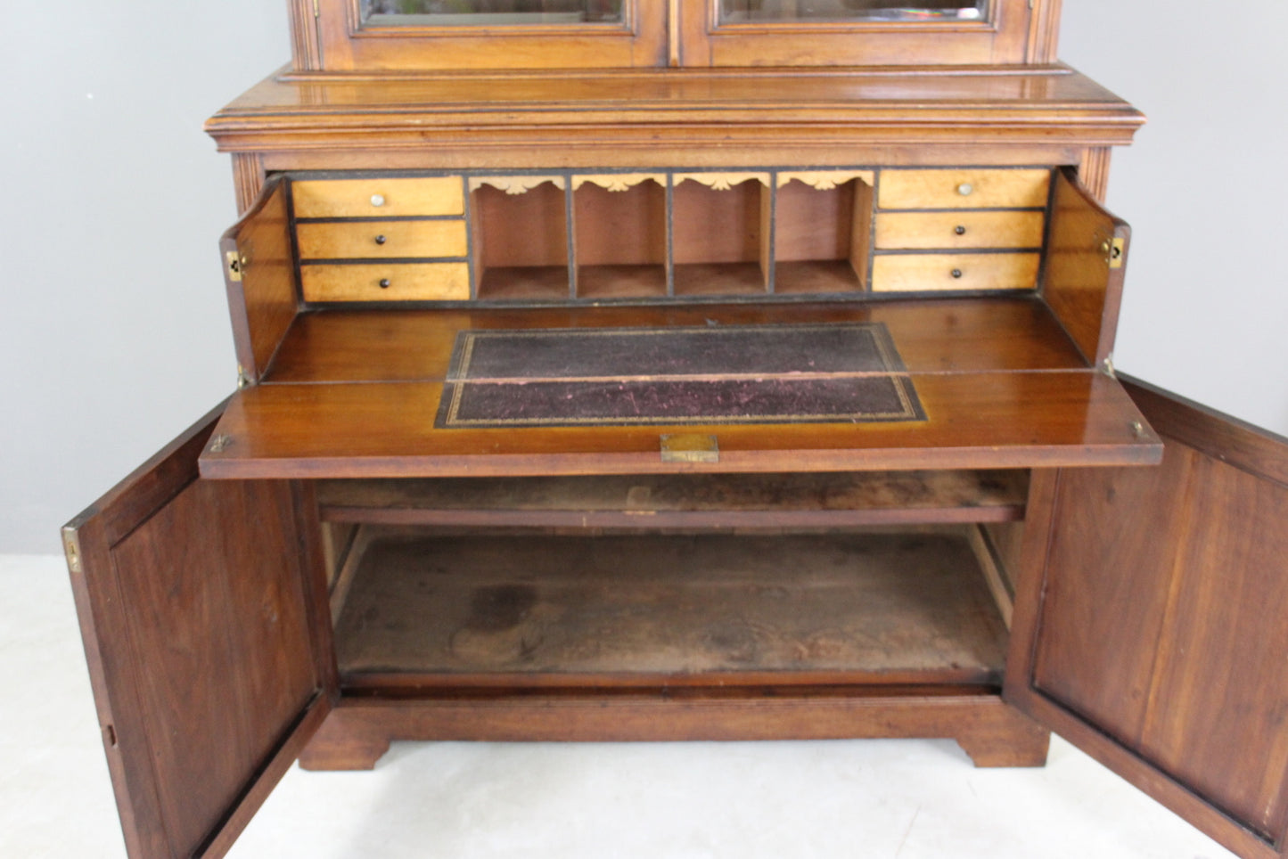 Victorian Carved Walnut Secretaire Bookcase - Kernow Furniture