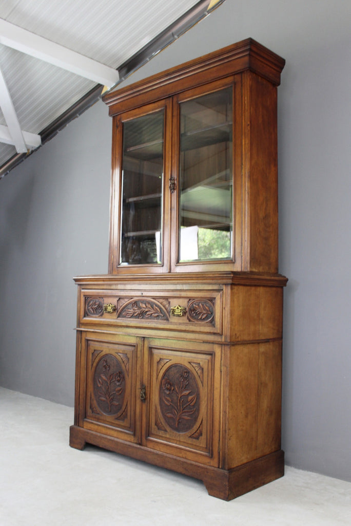 Victorian Carved Walnut Secretaire Bookcase - Kernow Furniture