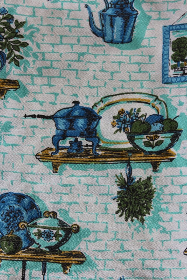 Vintage Blue Barkcloth Kitchen Curtains - Kernow Furniture