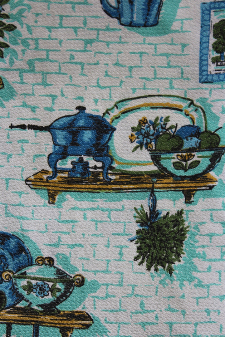 Vintage Blue Barkcloth Kitchen Curtains - Kernow Furniture