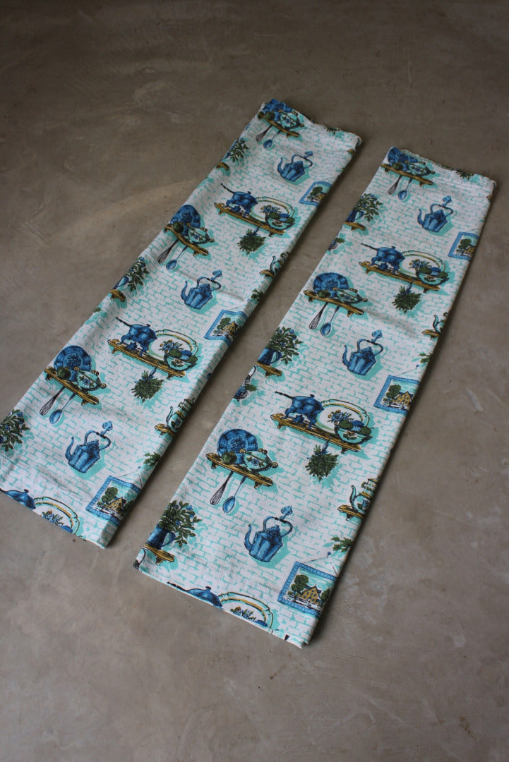 Vintage Blue Barkcloth Kitchen Curtains - Kernow Furniture