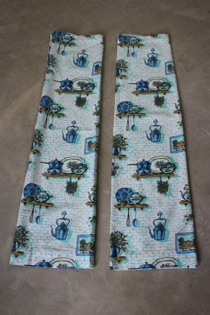 Vintage Blue Barkcloth Kitchen Curtains - Kernow Furniture