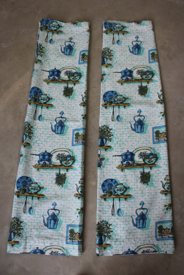 Vintage Blue Barkcloth Kitchen Curtains - Kernow Furniture