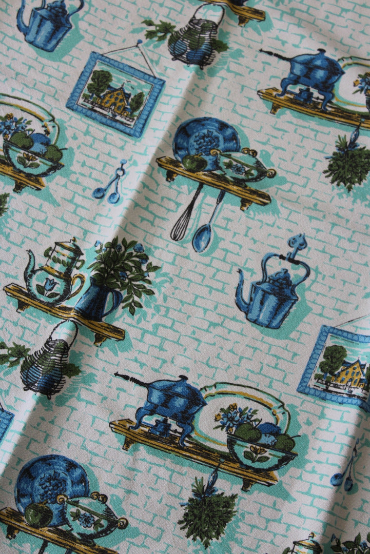 Vintage Blue Barkcloth Kitchen Curtains - Kernow Furniture