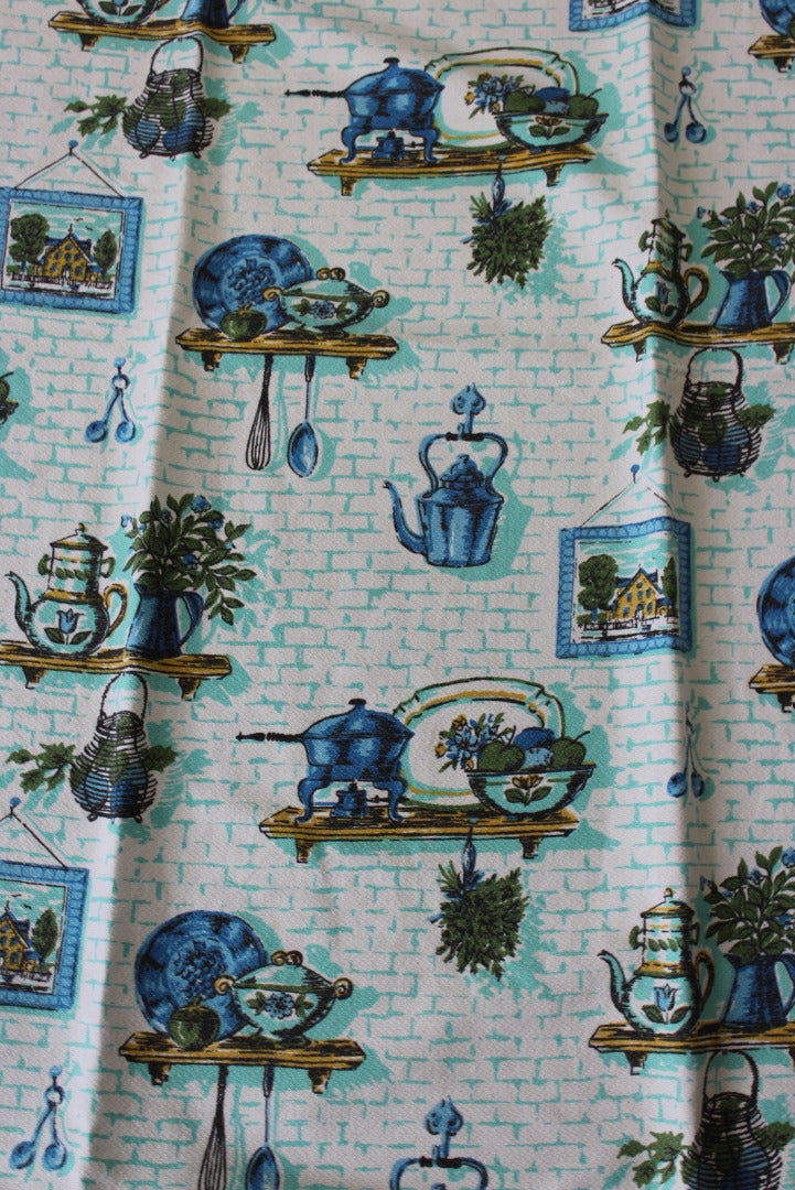 Vintage Blue Barkcloth Kitchen Curtains - Kernow Furniture