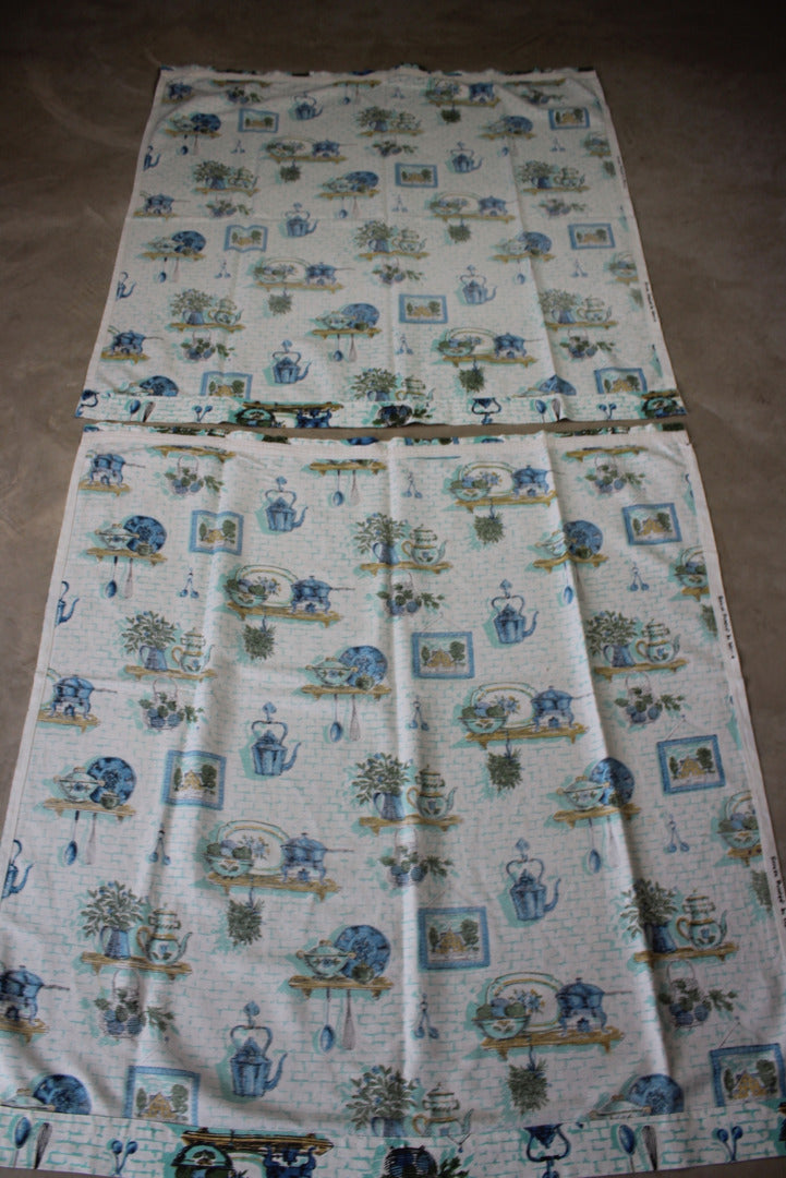 Vintage Blue Barkcloth Kitchen Curtains - Kernow Furniture