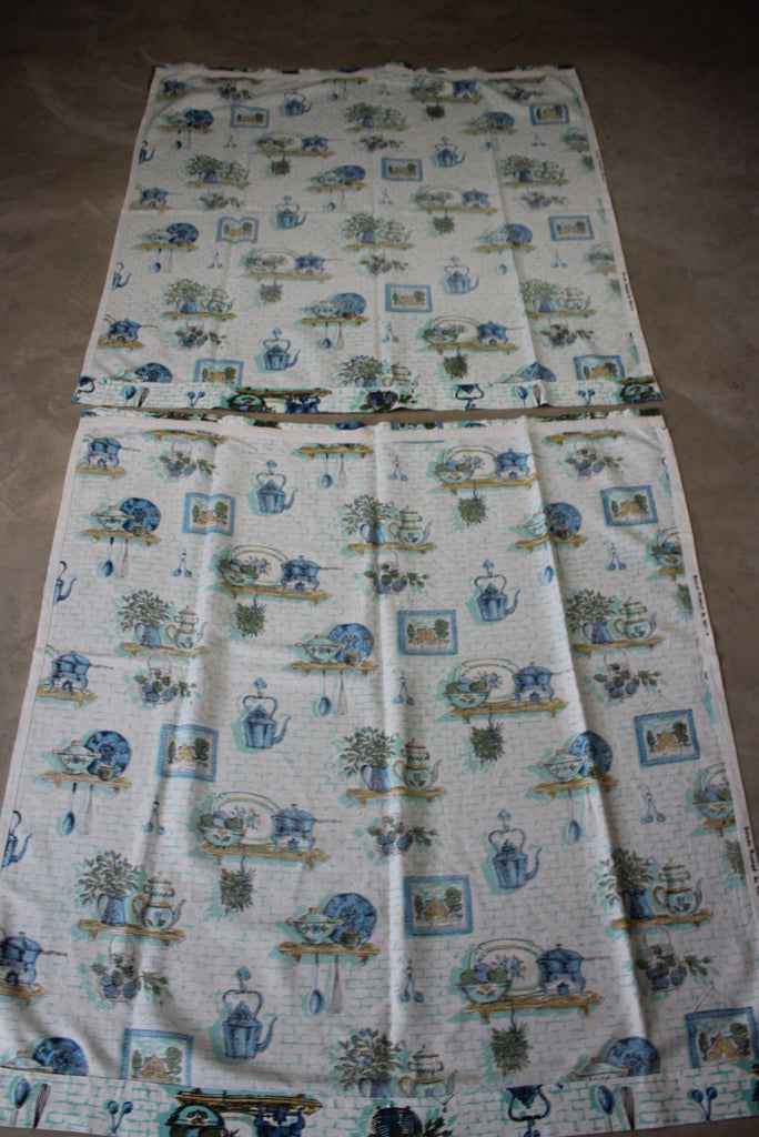Vintage Blue Barkcloth Kitchen Curtains - Kernow Furniture