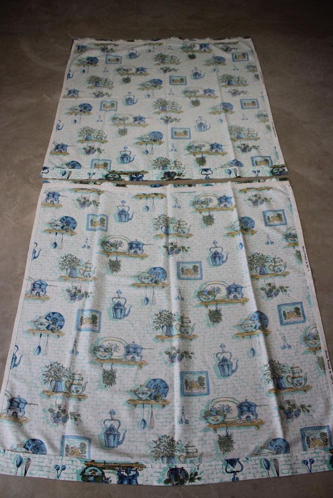 Vintage Blue Barkcloth Kitchen Curtains - Kernow Furniture