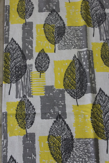 Yellow & Grey Leaf Vintage Barkcloth Curtains - Kernow Furniture