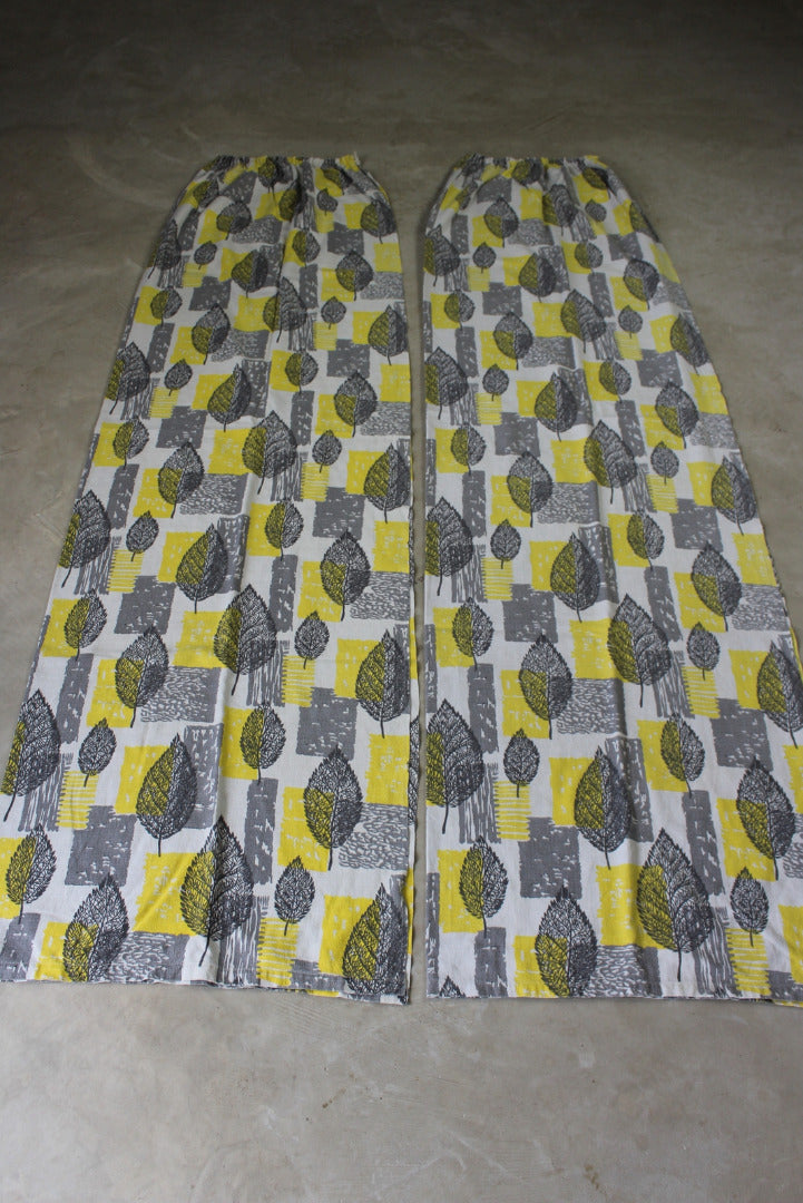 Yellow & Grey Leaf Vintage Barkcloth Curtains - Kernow Furniture