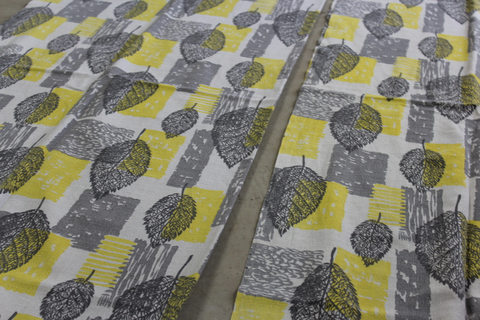 Yellow & Grey Leaf Vintage Barkcloth Curtains - Kernow Furniture