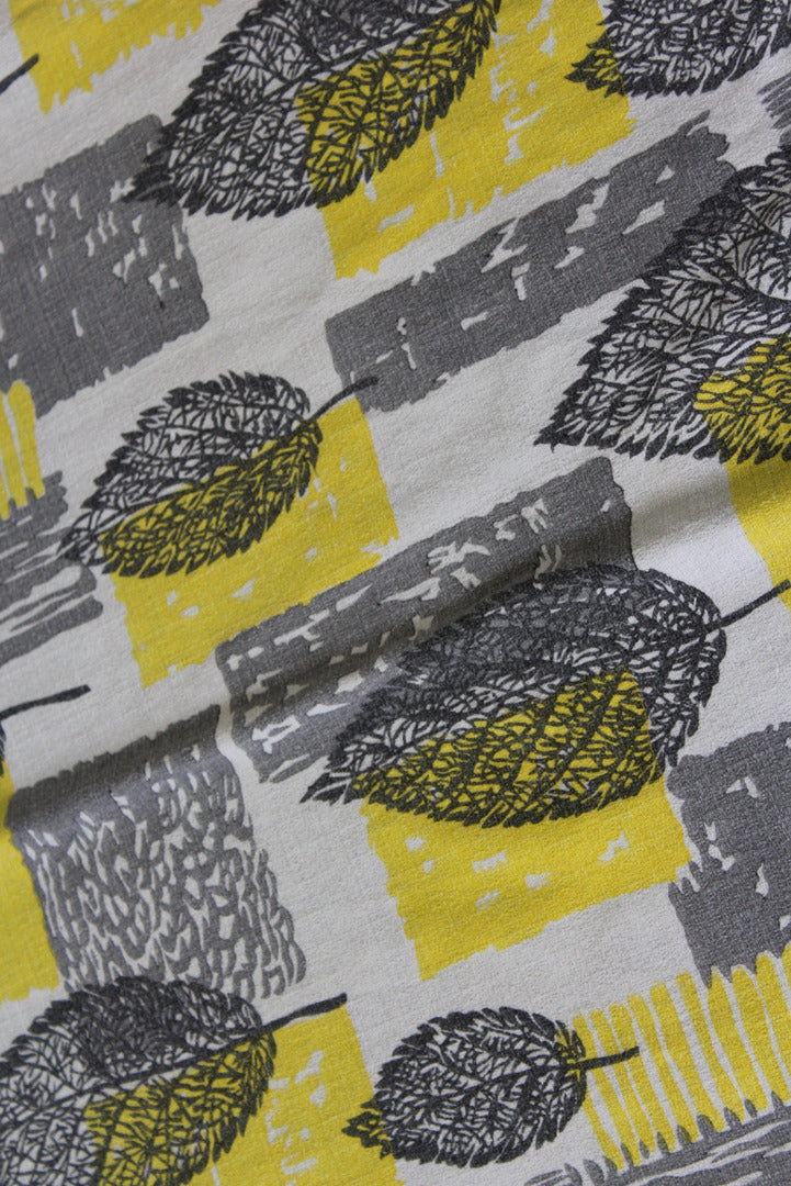 Yellow & Grey Leaf Vintage Barkcloth Curtains - Kernow Furniture