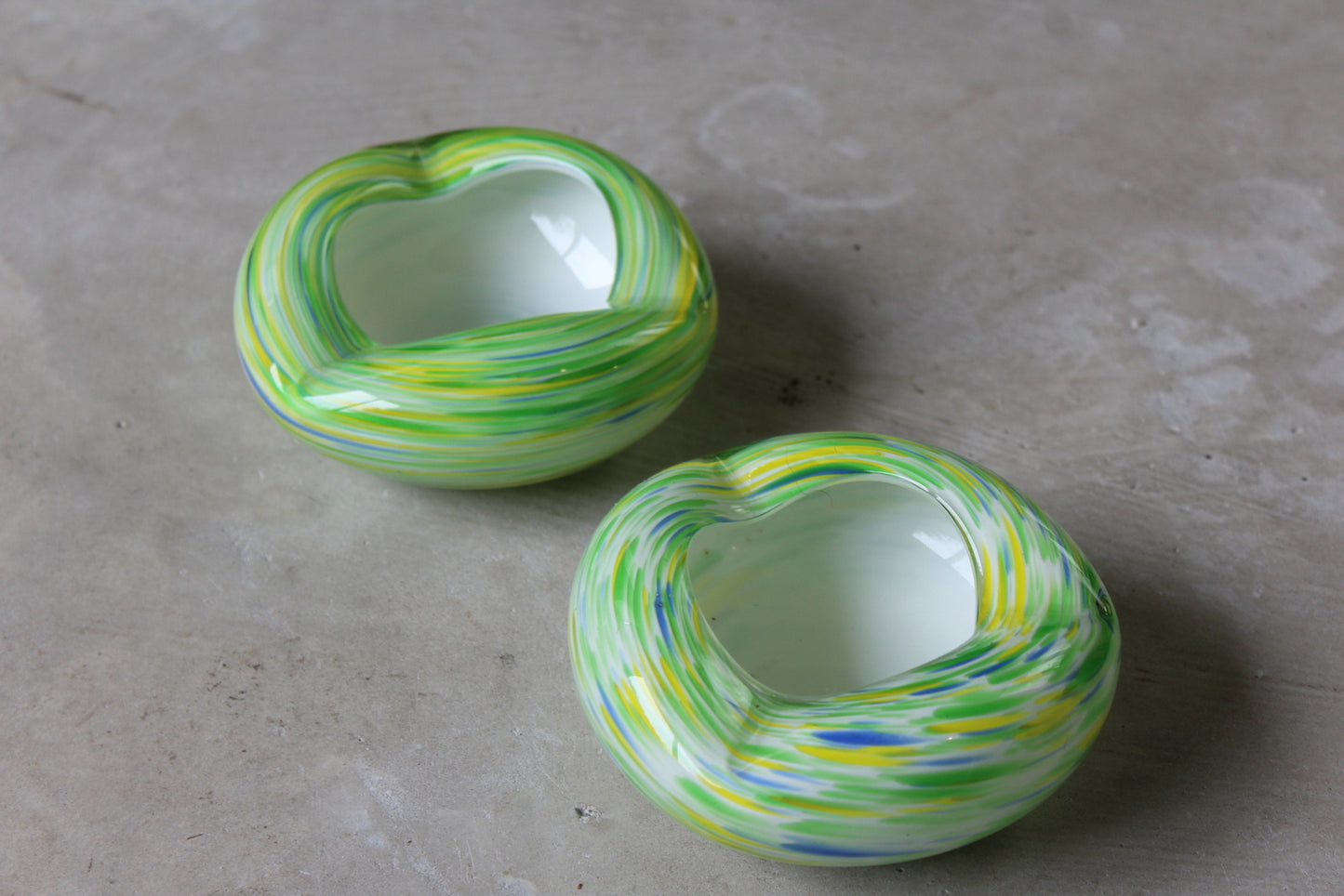 Pair Yellow & Green Glass Ashtrays - Kernow Furniture