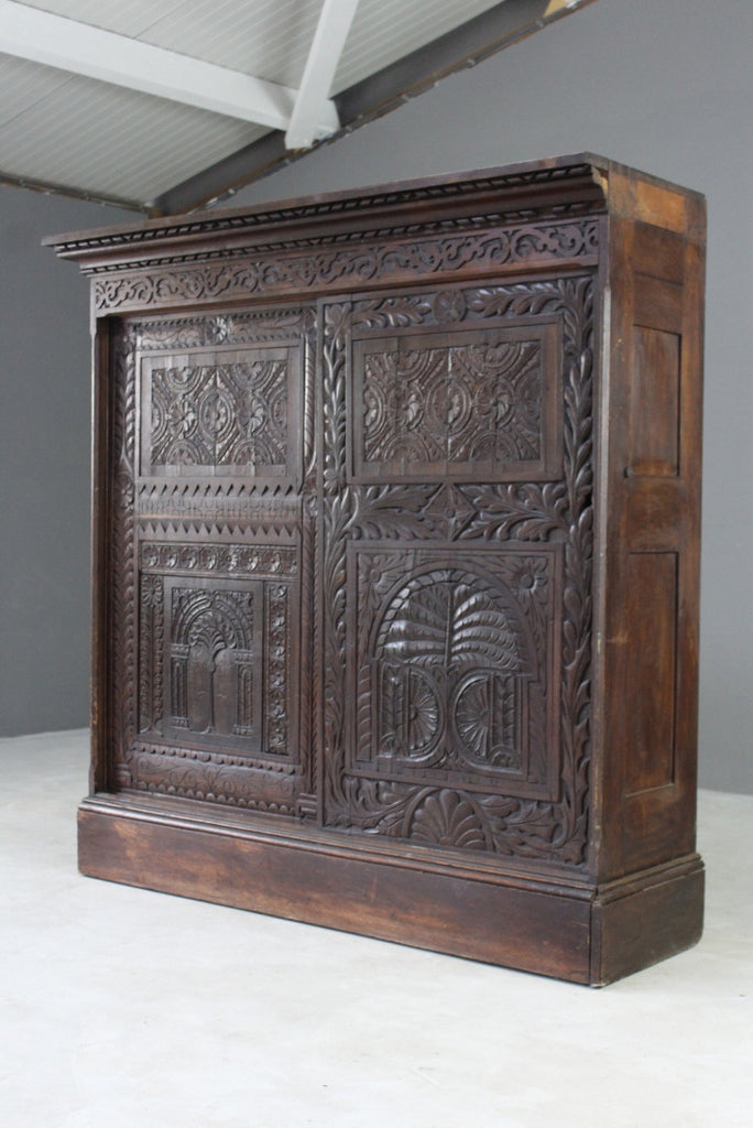 Large Antique Carved Oak Cupboard - Kernow Furniture