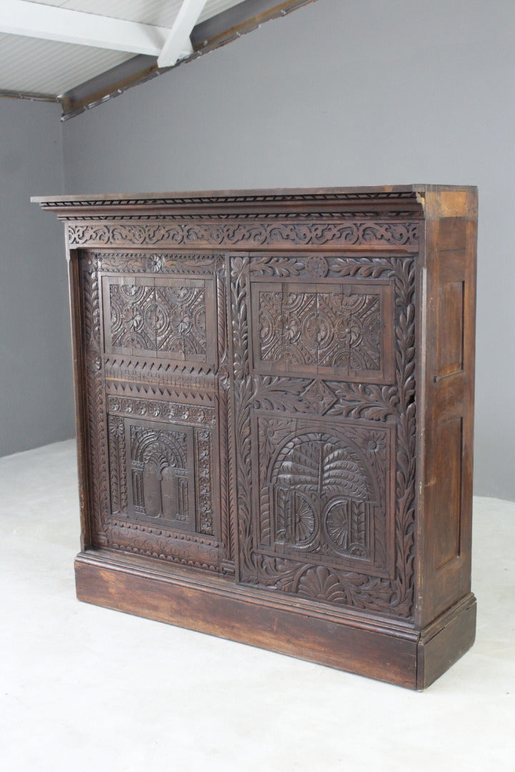 Large Antique Carved Oak Cupboard - Kernow Furniture