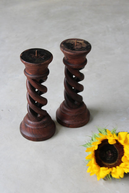 Pair Wooden Open Twist Pillar Candle Holders - Kernow Furniture