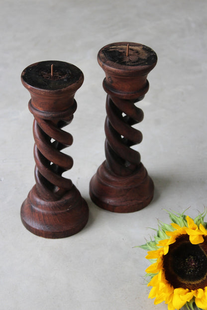 Pair Wooden Open Twist Pillar Candle Holders - Kernow Furniture