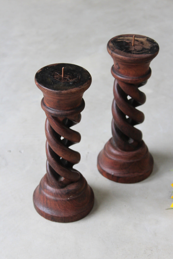 Pair Wooden Open Twist Pillar Candle Holders - Kernow Furniture