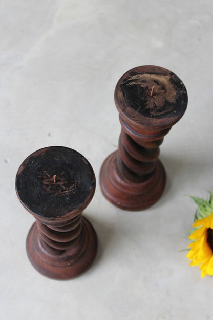 Pair Wooden Open Twist Pillar Candle Holders - Kernow Furniture