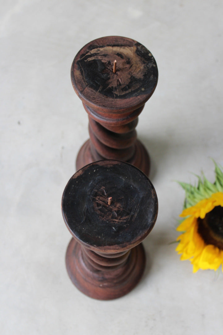 Pair Wooden Open Twist Pillar Candle Holders - Kernow Furniture