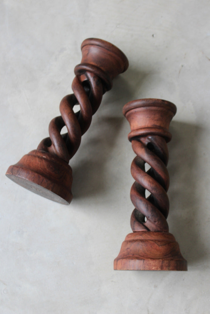 Pair Wooden Open Twist Pillar Candle Holders - Kernow Furniture