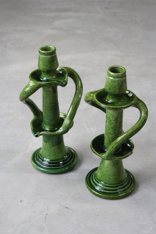 Pair Green Glazed Pottery Candlesticks - Kernow Furniture
