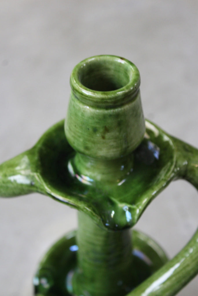 Pair Green Glazed Pottery Candlesticks - Kernow Furniture
