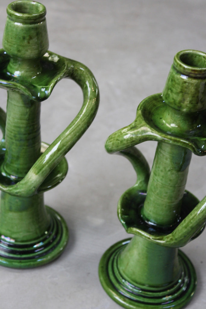 Pair Green Glazed Pottery Candlesticks - Kernow Furniture