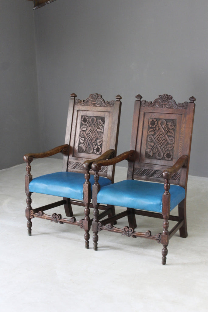Pair Carolean Style Oak Armchairs - Kernow Furniture