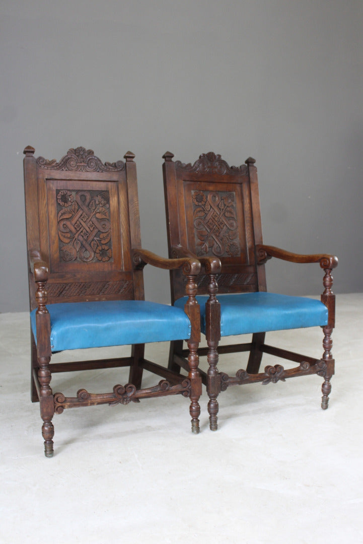 Pair Carolean Style Oak Armchairs - Kernow Furniture