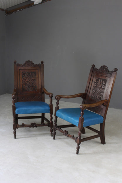 Pair Carolean Style Oak Armchairs - Kernow Furniture