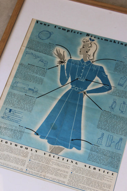 Vintage Dressmaking Chart Framed Poster - Kernow Furniture