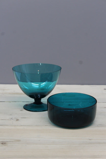 Pair Vintage Blue Glass Bowls - Kernow Furniture