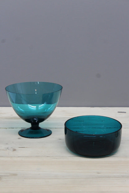 Pair Vintage Blue Glass Bowls - Kernow Furniture