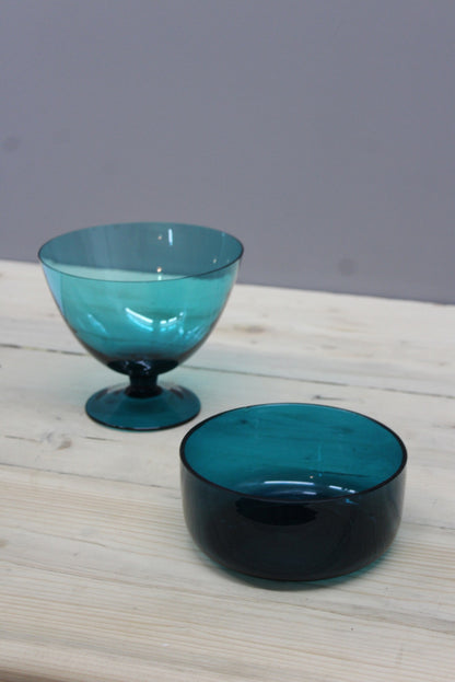 Pair Vintage Blue Glass Bowls - Kernow Furniture